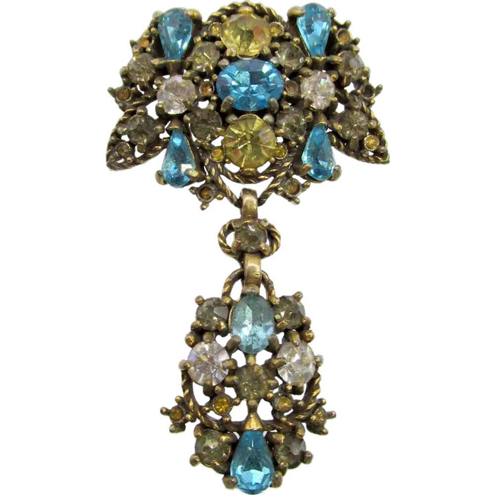 Hollycraft 1950 Aqua & Peridot Rhinestone Drop Br… - image 1