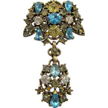 Hollycraft 1950 Aqua & Peridot Rhinestone Drop Br… - image 1