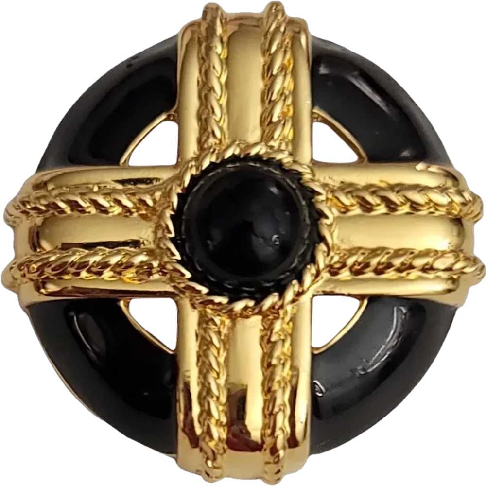 Monet Gold Tone Black Enamel, Center Lucite Cab C… - image 1