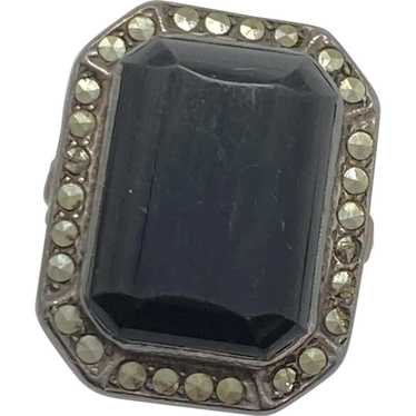 Art Deco Era Onyx and Marcasite Ring Sterling Sil… - image 1