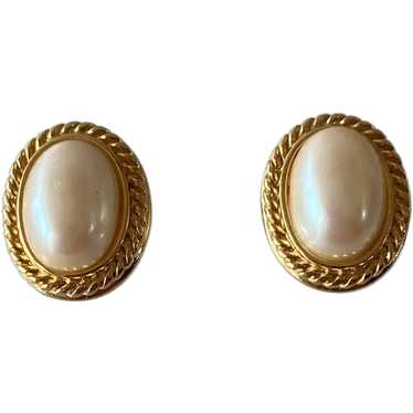 Oval Framed Faux Pearl Dome Post Earrings - image 1