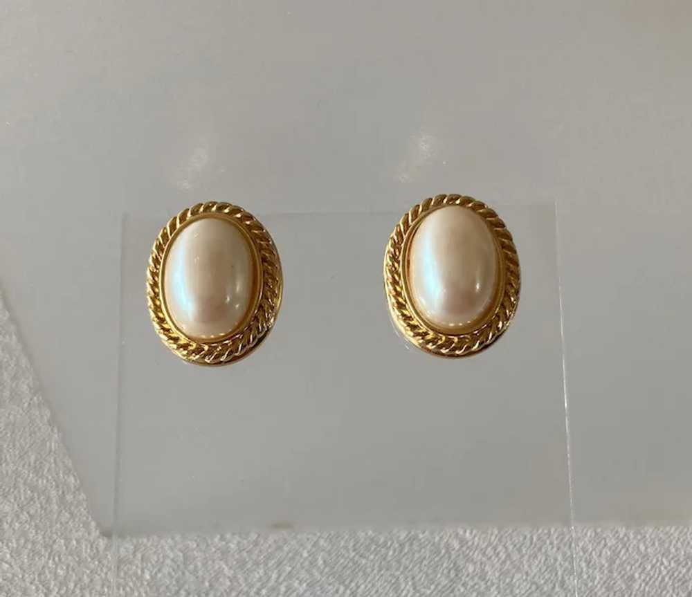 Oval Framed Faux Pearl Dome Post Earrings - image 2