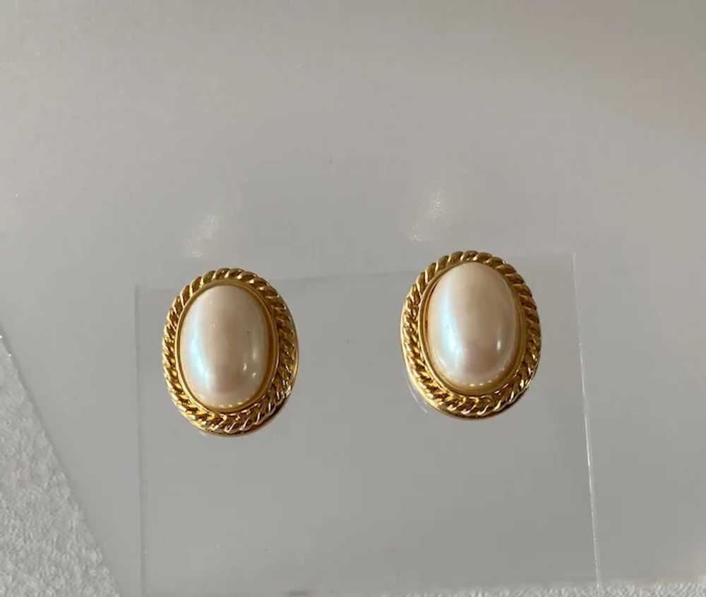 Oval Framed Faux Pearl Dome Post Earrings - image 4