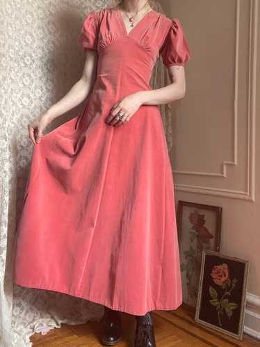 1940s Pink Velvet Puff Sleeve Gown Covered Buttons