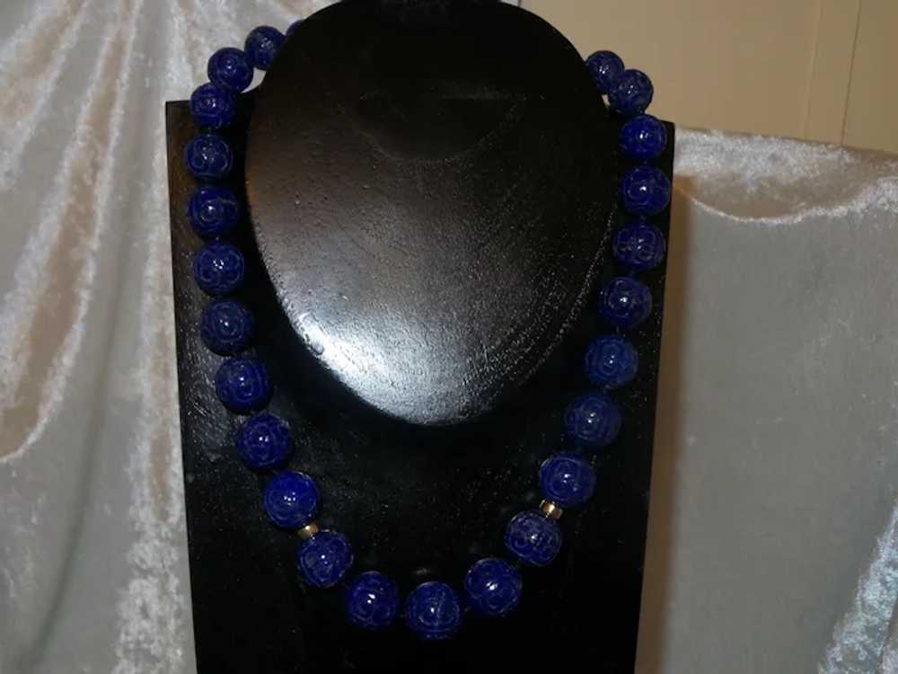 Carved Lapis Lazuli Necklace with 14 Karat Yellow… - image 11