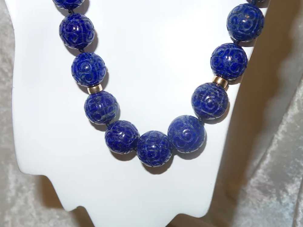 Carved Lapis Lazuli Necklace with 14 Karat Yellow… - image 12