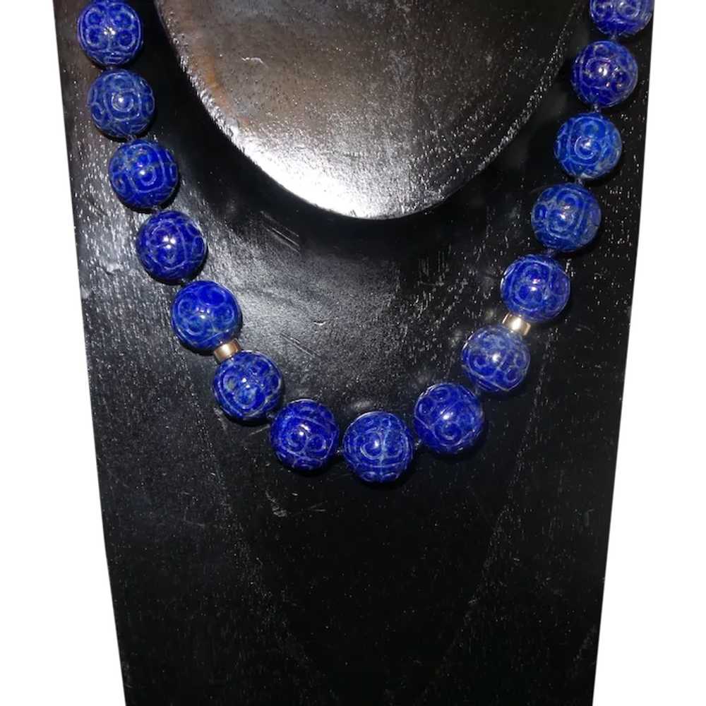 Carved Lapis Lazuli Necklace with 14 Karat Yellow… - image 1