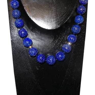 Carved Lapis Lazuli Necklace with 14 Karat Yellow… - image 1