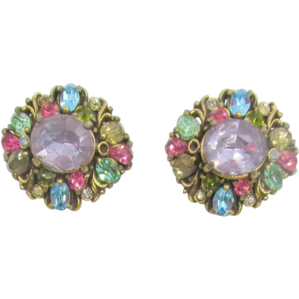 Pair of 1950 Hollycraft Pastel Rhinestone Scatter… - image 1