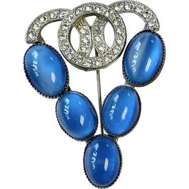 Estate Art Deco Blue Glass Moonstone Brooch Pin - image 1