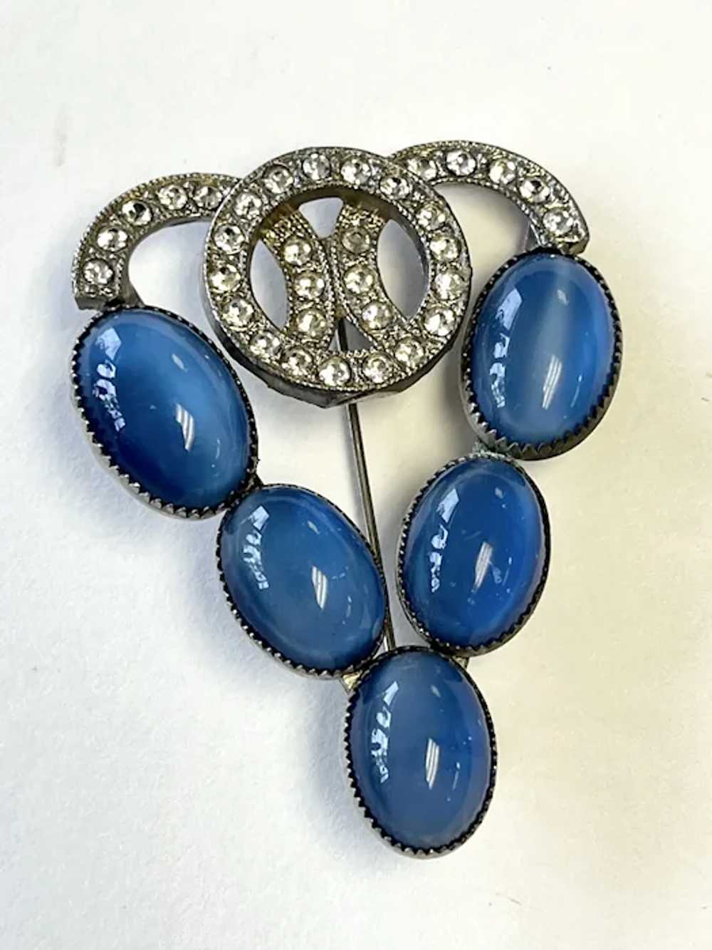 Estate Art Deco Blue Glass Moonstone Brooch Pin - image 3