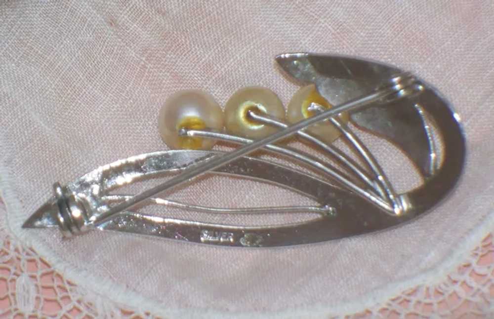 Vintage Cultured Pearl Sterling Silver Leaf Brooc… - image 10