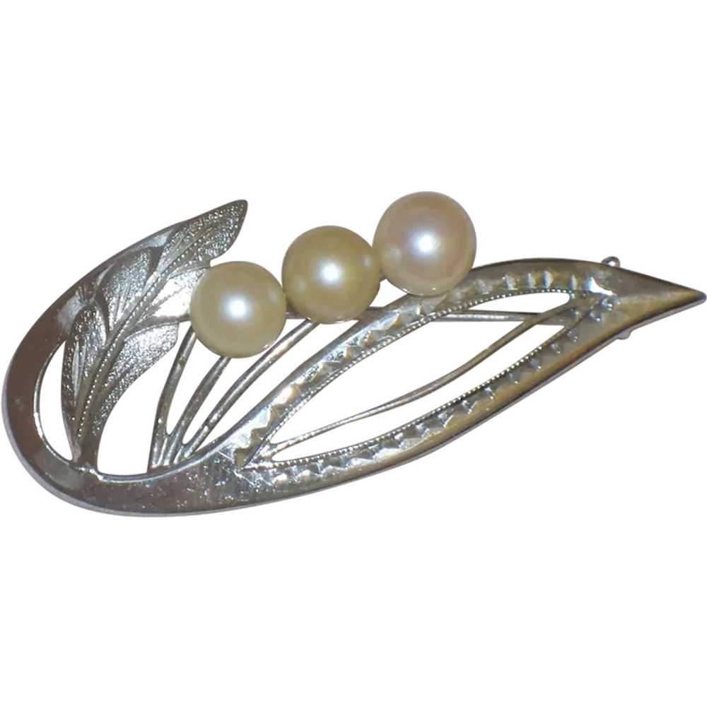 Vintage Cultured Pearl Sterling Silver Leaf Brooc… - image 1