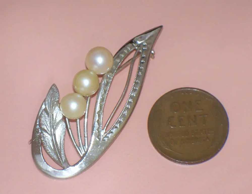 Vintage Cultured Pearl Sterling Silver Leaf Brooc… - image 2