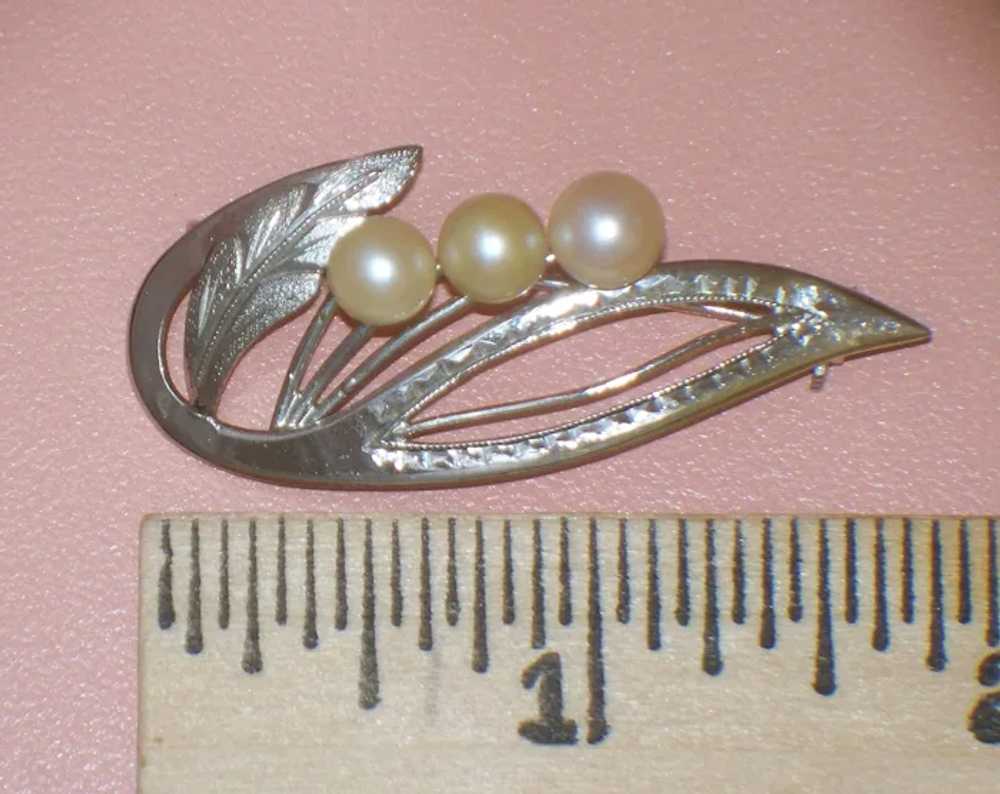 Vintage Cultured Pearl Sterling Silver Leaf Brooc… - image 4