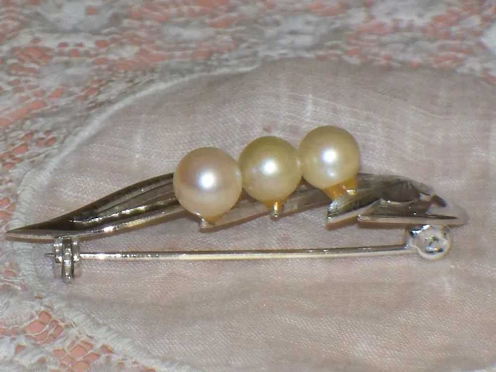 Vintage Cultured Pearl Sterling Silver Leaf Brooc… - image 5