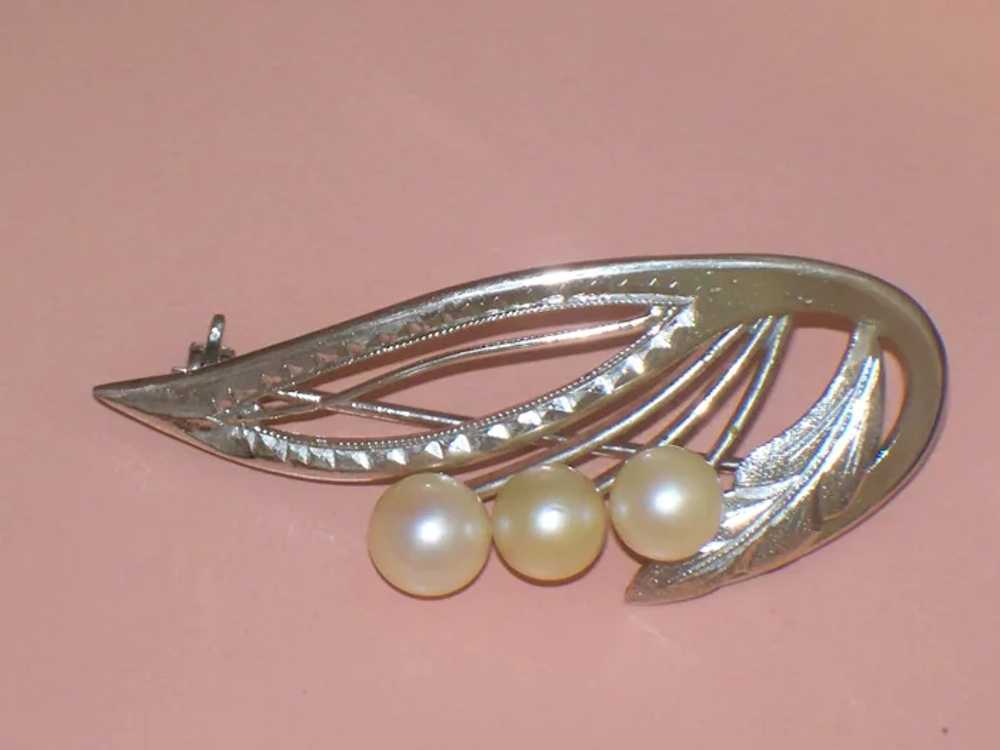 Vintage Cultured Pearl Sterling Silver Leaf Brooc… - image 6