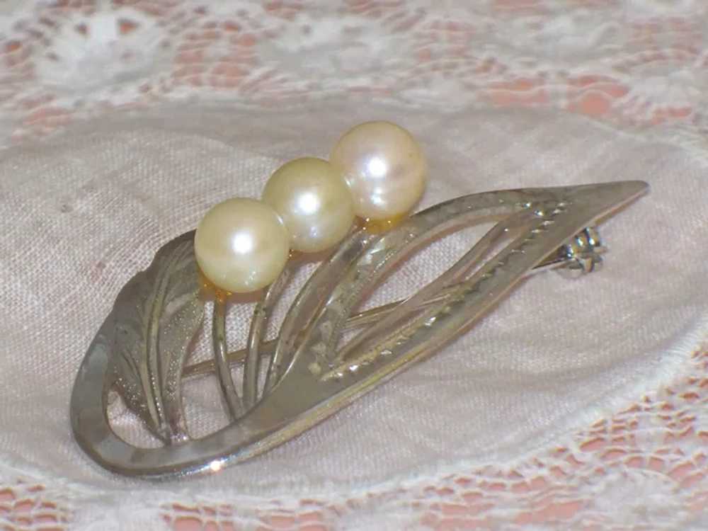 Vintage Cultured Pearl Sterling Silver Leaf Brooc… - image 8