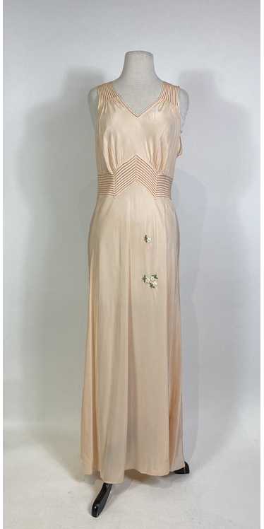 1940s Pink Rayon Maxi Slip Dress with Floral Embro
