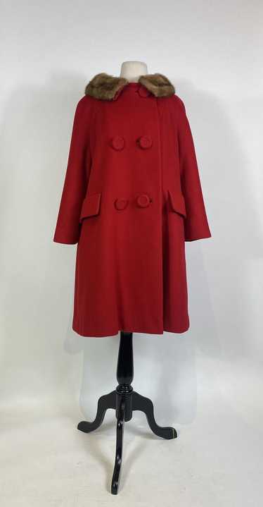 1950s - 1960s Red Mod Wool Coat Mink Fur Trim by H