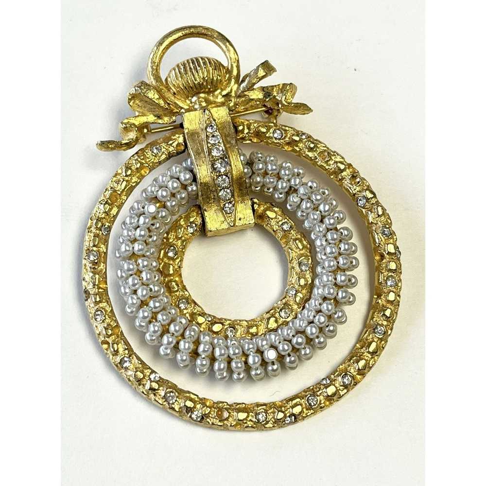 Vintage Vintage Rhinestone Pearl Rings Brooch Pin - image 2