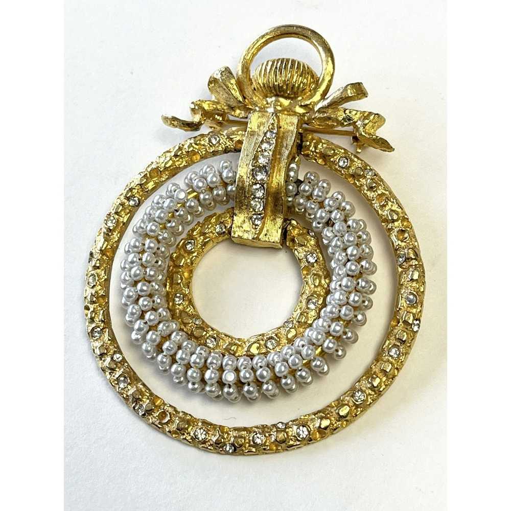 Vintage Vintage Rhinestone Pearl Rings Brooch Pin - image 3