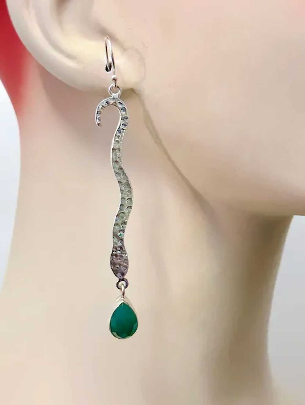 Snake Earrings, Sterling Silver, Green Onyx, Face… - image 2