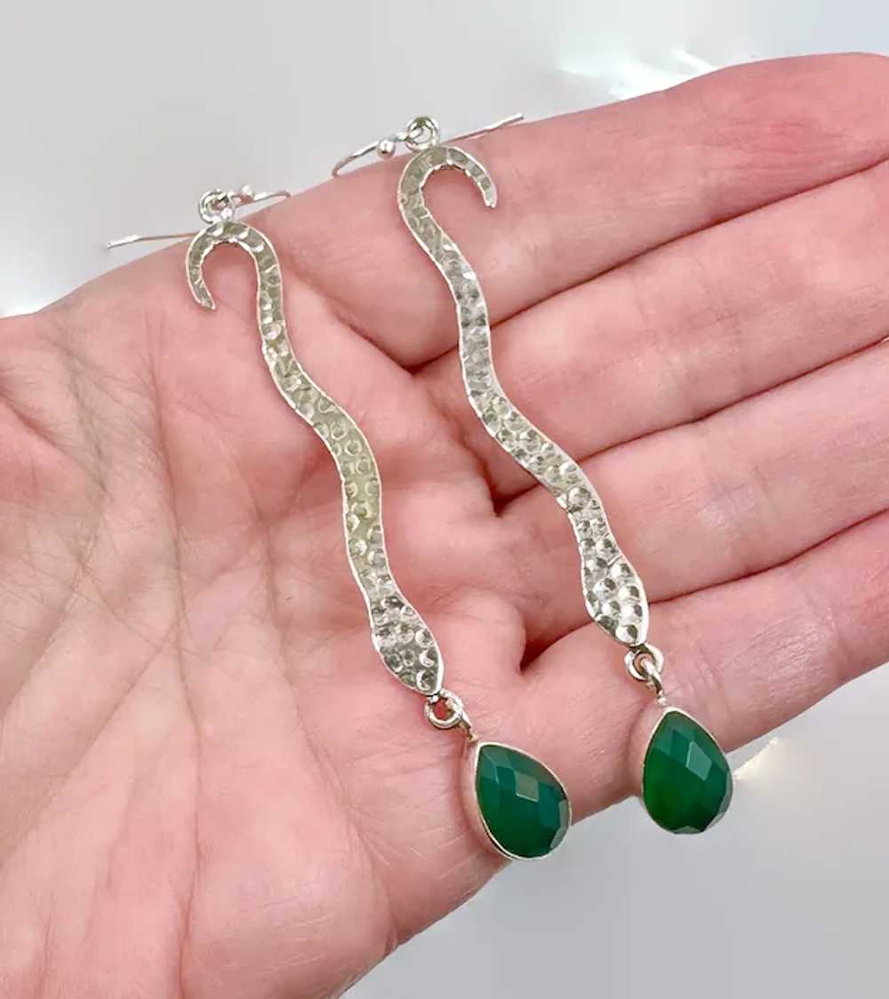 Snake Earrings, Sterling Silver, Green Onyx, Face… - image 3