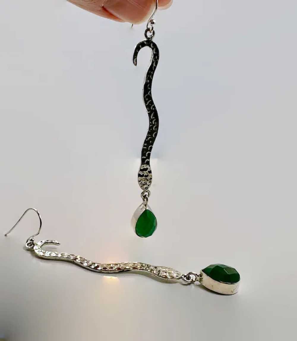 Snake Earrings, Sterling Silver, Green Onyx, Face… - image 4