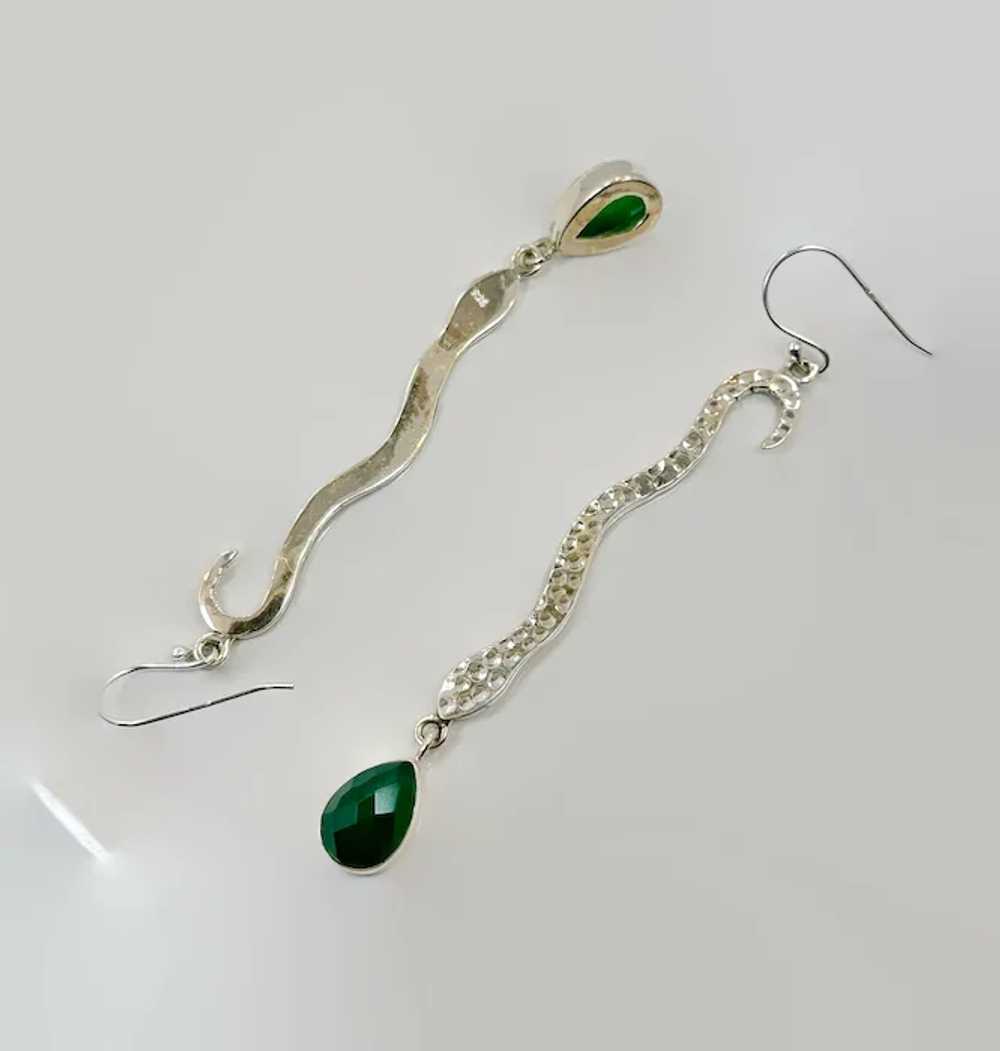 Snake Earrings, Sterling Silver, Green Onyx, Face… - image 5