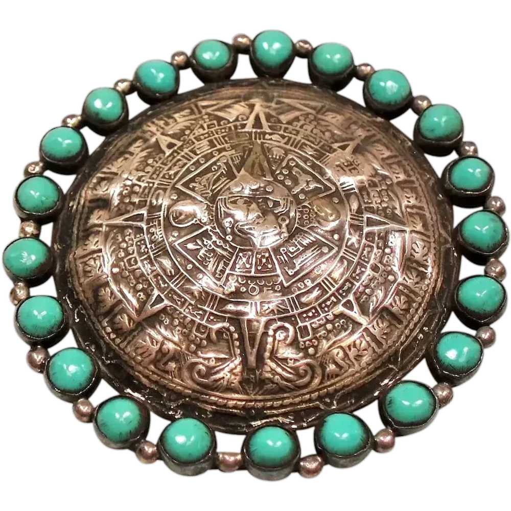 Vintage Mexican Silver Aztec Sun Stone Pendant Br… - image 1