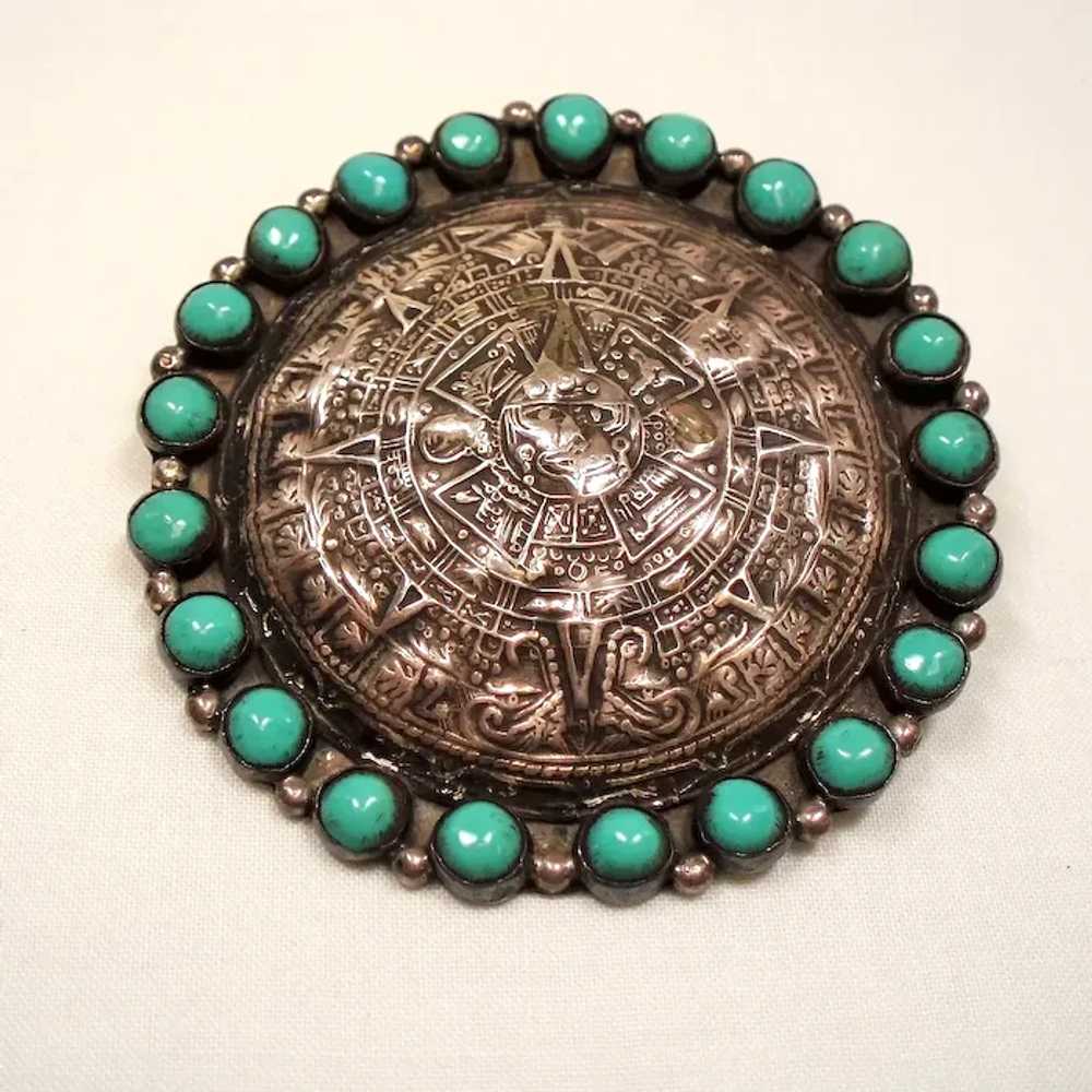 Vintage Mexican Silver Aztec Sun Stone Pendant Br… - image 2