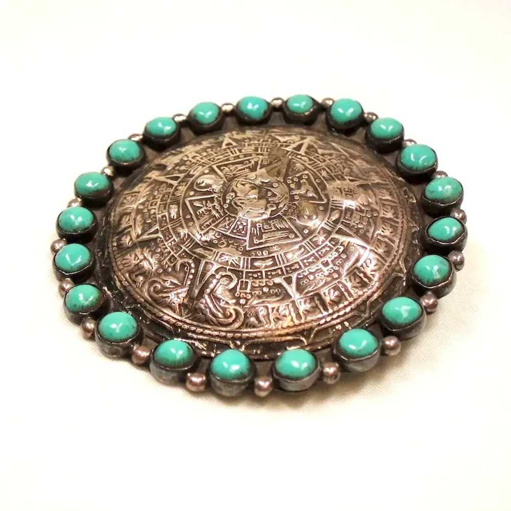 Vintage Mexican Silver Aztec Sun Stone Pendant Br… - image 3