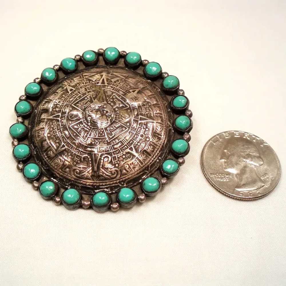 Vintage Mexican Silver Aztec Sun Stone Pendant Br… - image 4