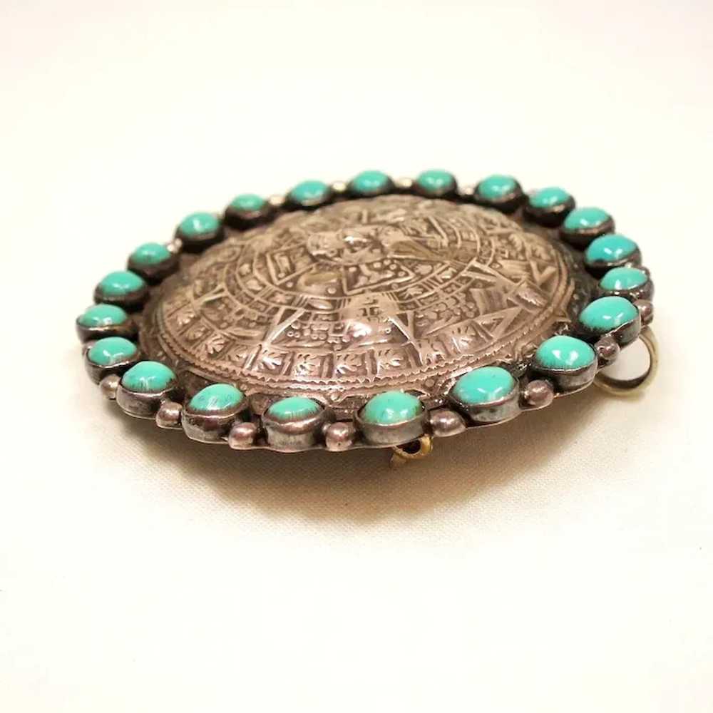 Vintage Mexican Silver Aztec Sun Stone Pendant Br… - image 5