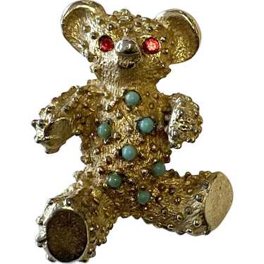 Vintage Napier Gold Tone Jointed Teddy Bear Brooch with Green Gemstone Eyes  1.5”