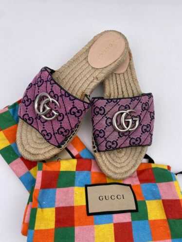 Gucci★Pink Leather Raffia GG Marmont Espadrille Sandals Gucci Women's Pink Leather Raffia GG Marmont Espadrille Flat