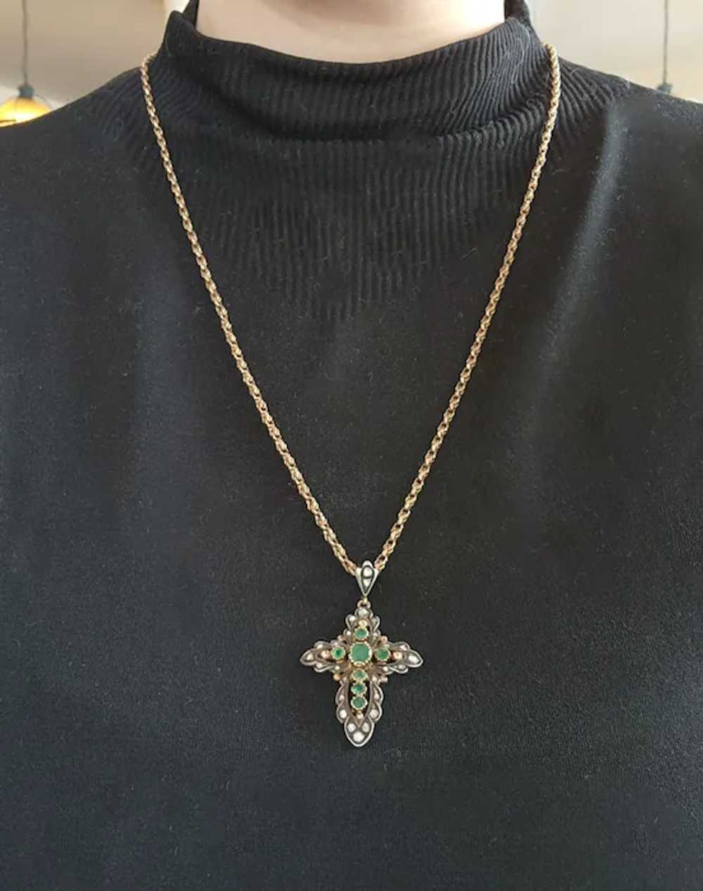 Antique 18K, Silver, Diamond & Emerald Cross Pend… - image 10