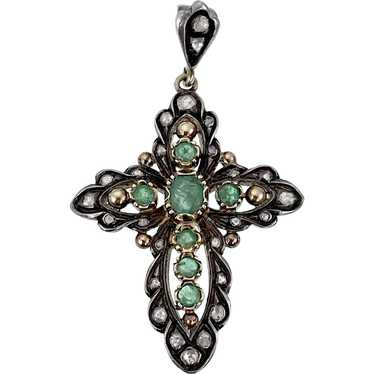 Antique 18K, Silver, Diamond & Emerald Cross Pend… - image 1