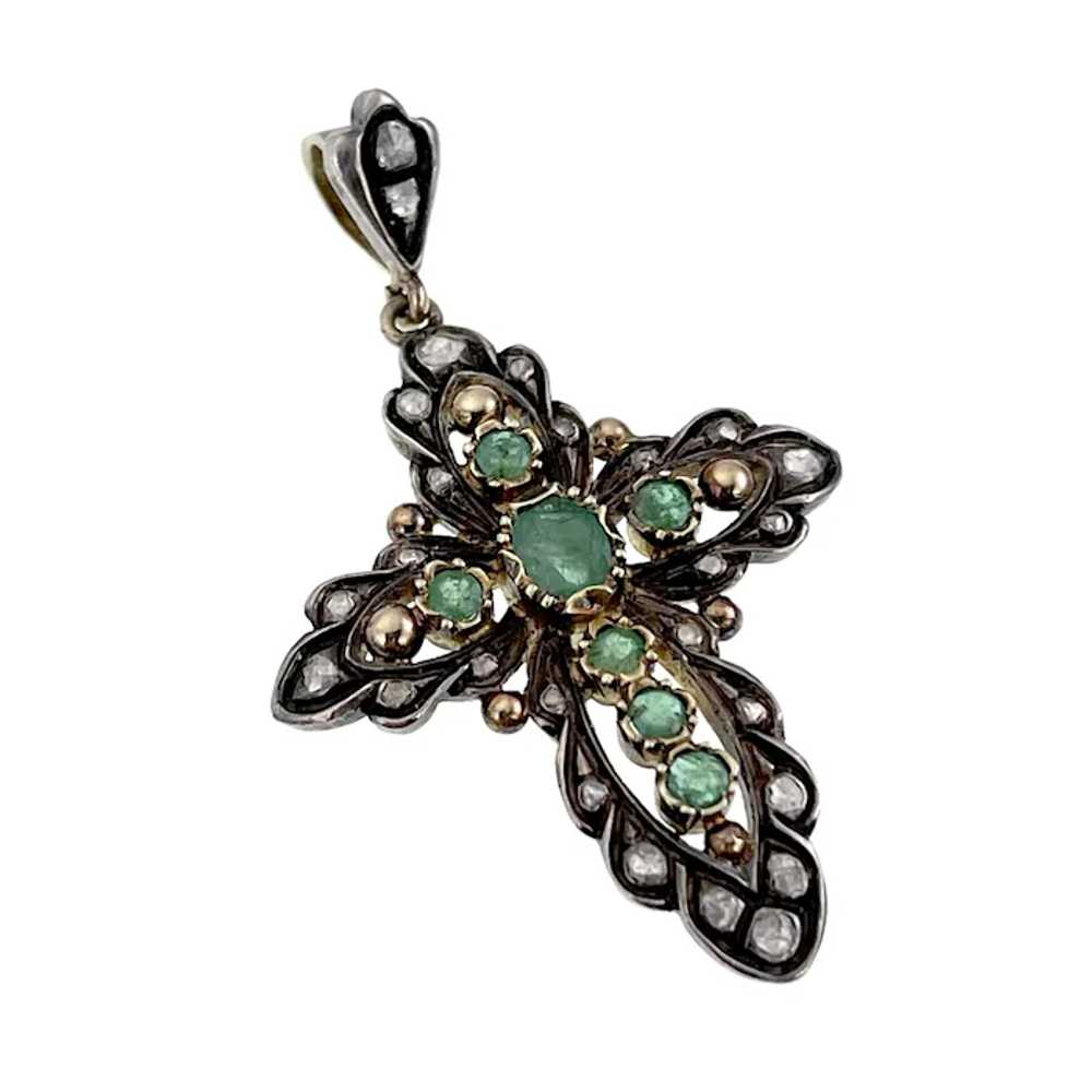 Antique 18K, Silver, Diamond & Emerald Cross Pend… - image 3