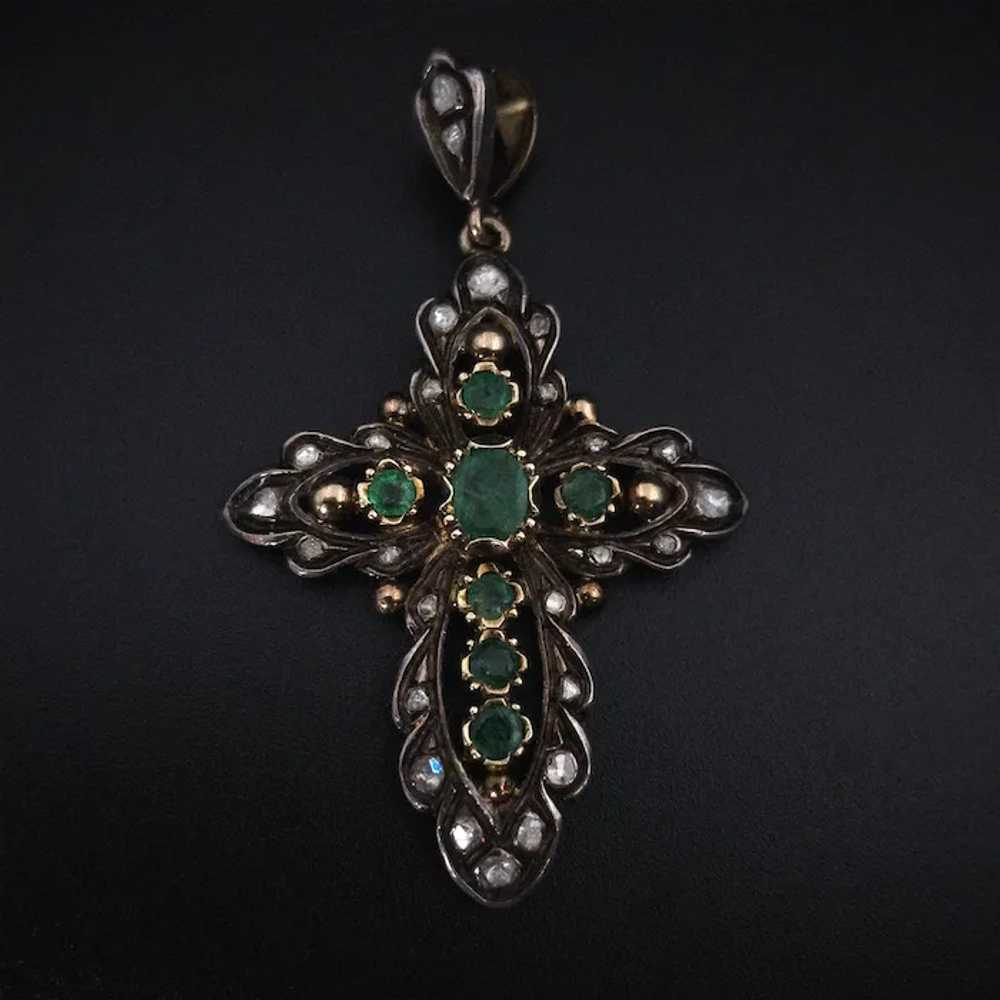 Antique 18K, Silver, Diamond & Emerald Cross Pend… - image 6