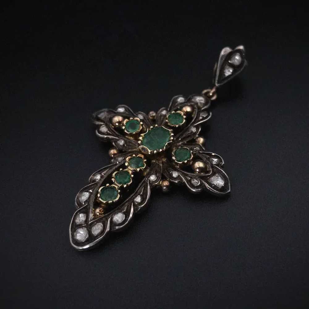 Antique 18K, Silver, Diamond & Emerald Cross Pend… - image 8