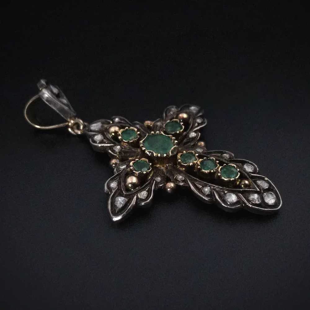 Antique 18K, Silver, Diamond & Emerald Cross Pend… - image 9