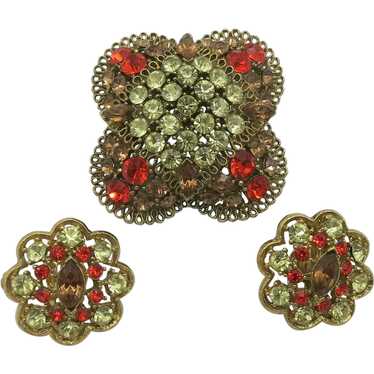 Beautiful Domed Rhinestone Brooch & Earrings unsi… - image 1