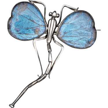 Antique Art Nouveau Silver & Blue Morpho Butterfl… - image 1