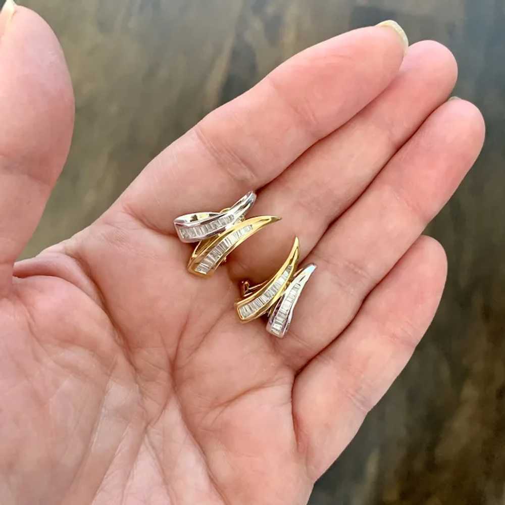 18k Two Tone Gold Baguette Diamond Earrings - image 3
