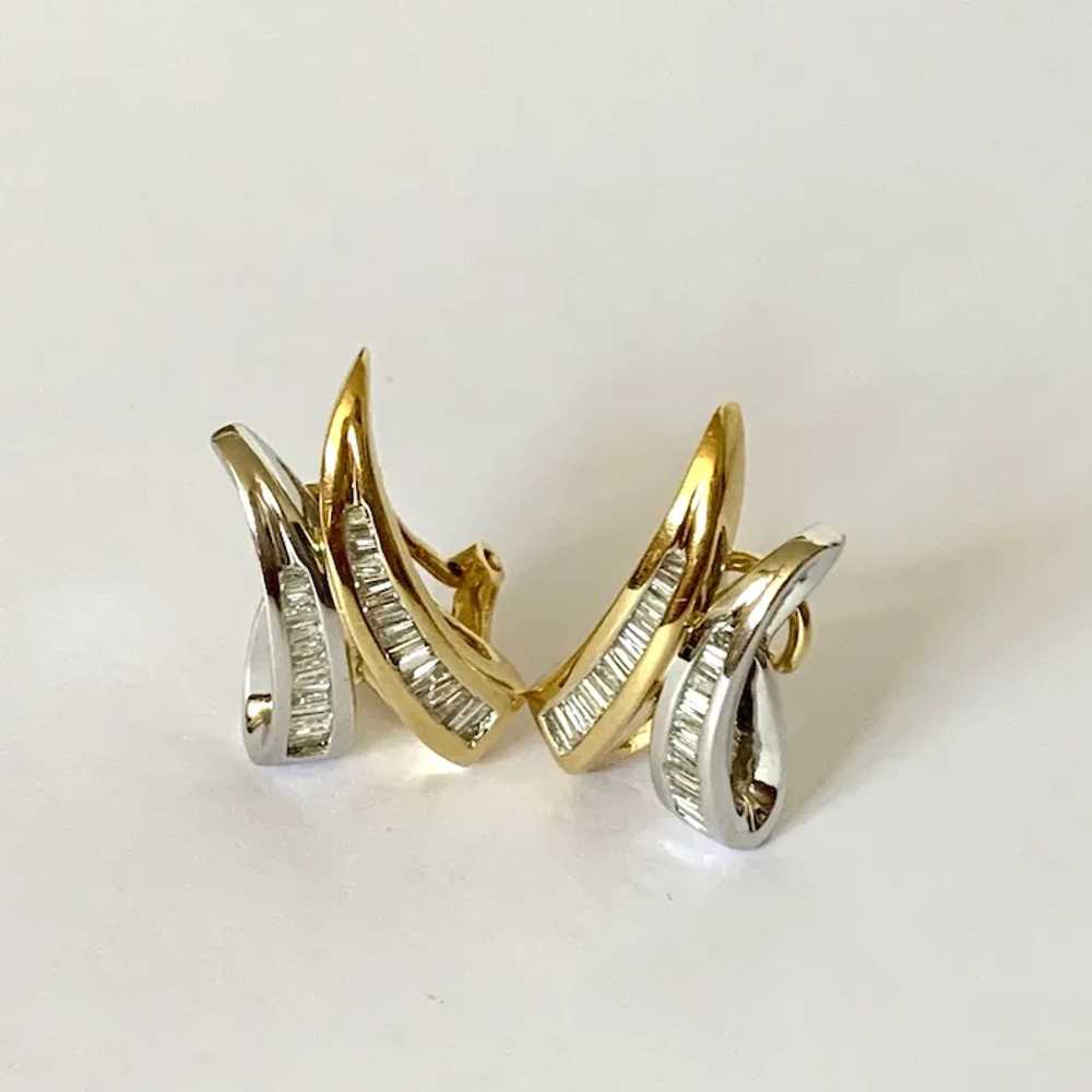 18k Two Tone Gold Baguette Diamond Earrings - image 4