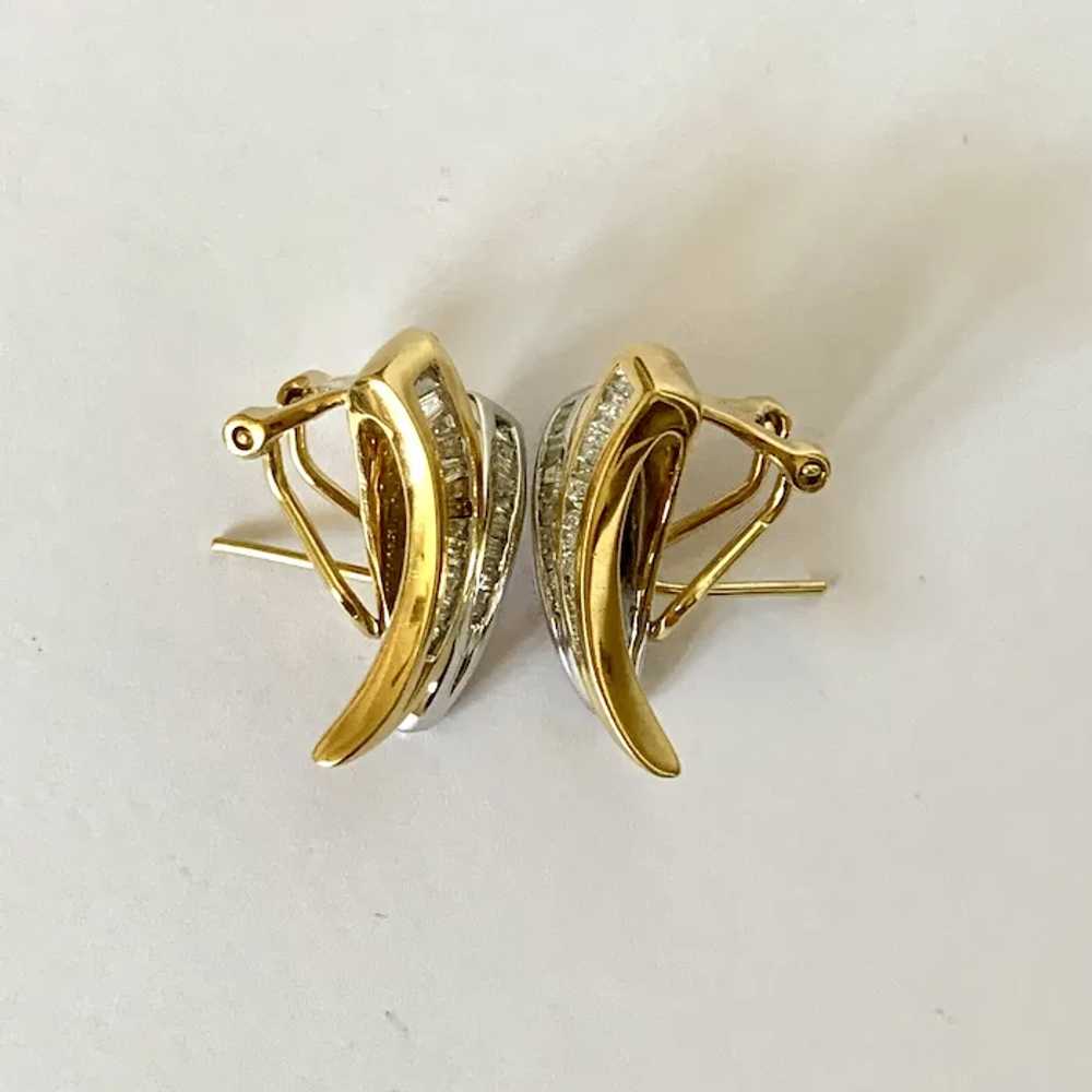 18k Two Tone Gold Baguette Diamond Earrings - image 6