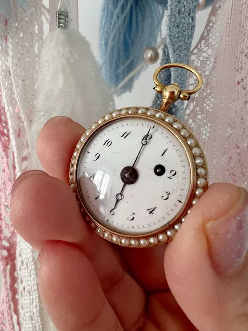 Edwardian era 18k Gold Enamel pearl pocket watch … - image 7