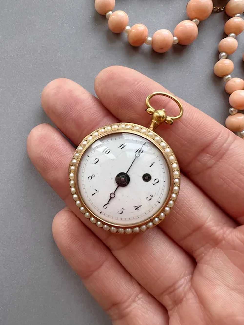 Edwardian era 18k Gold Enamel pearl pocket watch … - image 9